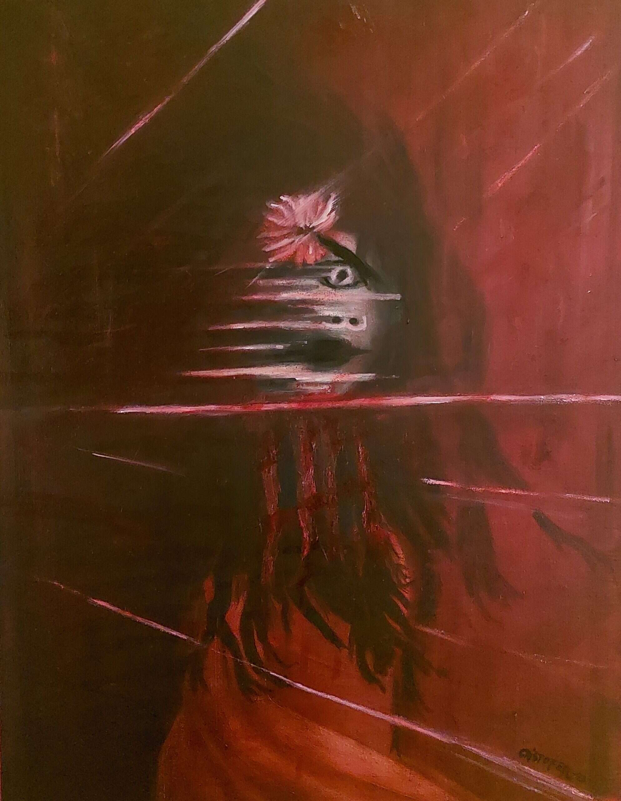 En mörk, abstrakt målning med ett ansikte som tittar genom ett fönster, i djupa röda och svarta toner.